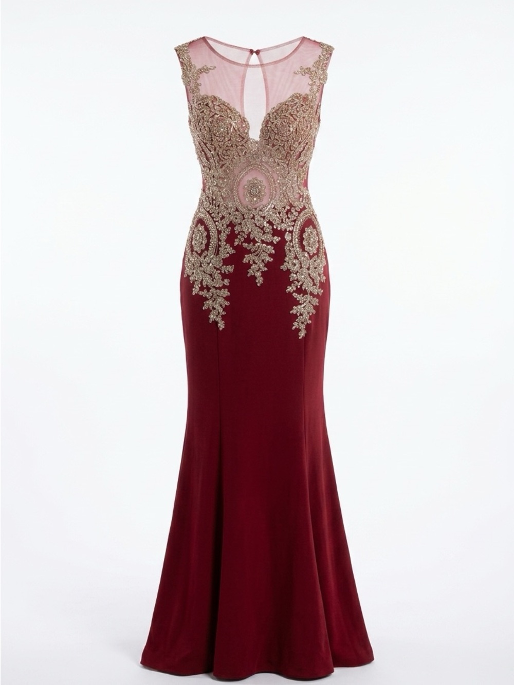Clarisse Burgundy and Gold Beaded Illusion Prom Gown